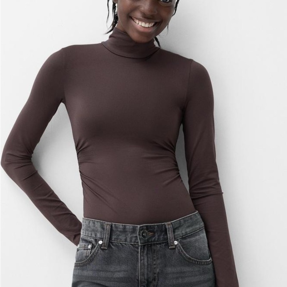 Anthropologie Elegant Brown Sheer Turtleneck Top